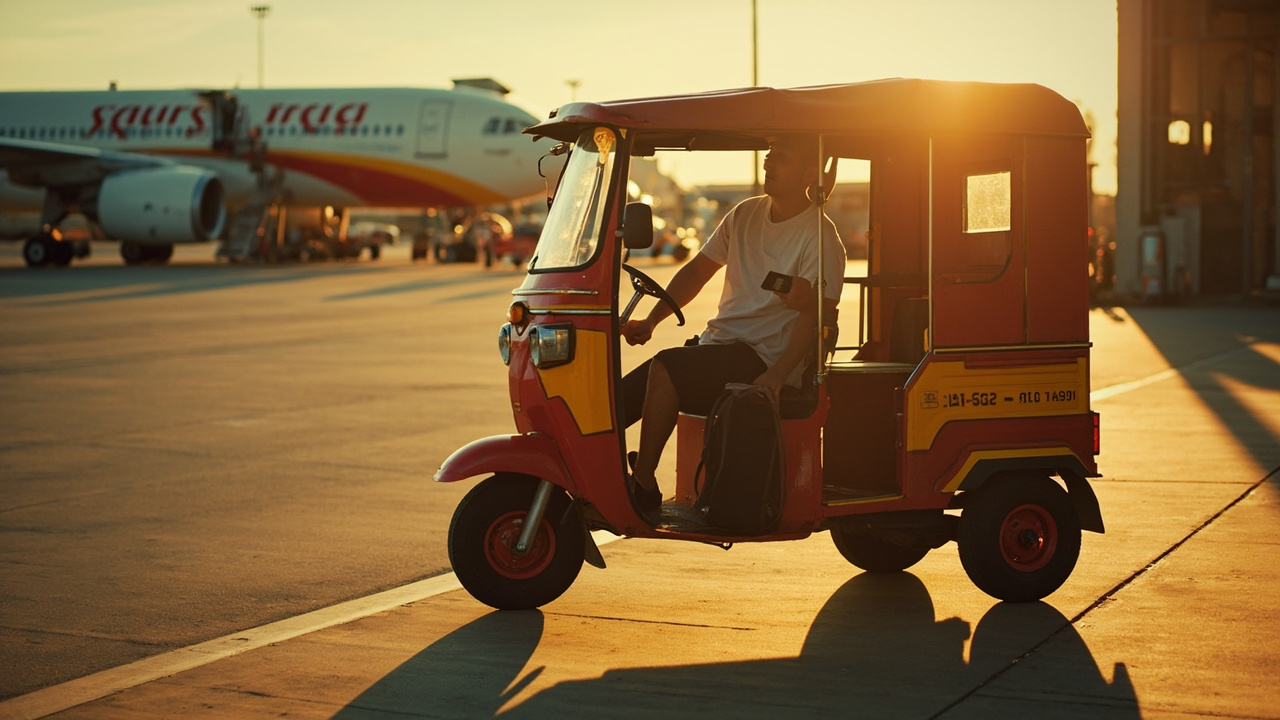 Australian traveller climbing into a colourful tuk-tuk at a sunlit airport curb in warm tones