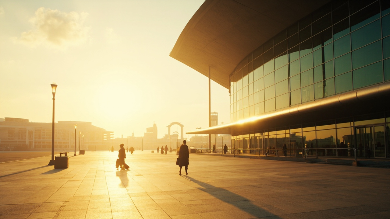 Wide editorial composition contrasting a modern glass airport terminal at golden hour with a soft-focus older low-rise terminal silhouette in warm afternoon light, calm composition, no specific signage