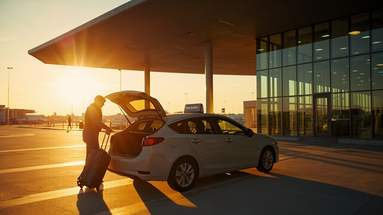 Modern airport arrivals canopy at golden hour with a sleek overhanging roofline and a handful of travellers loading bags into a plain sedan, no recognisable signage