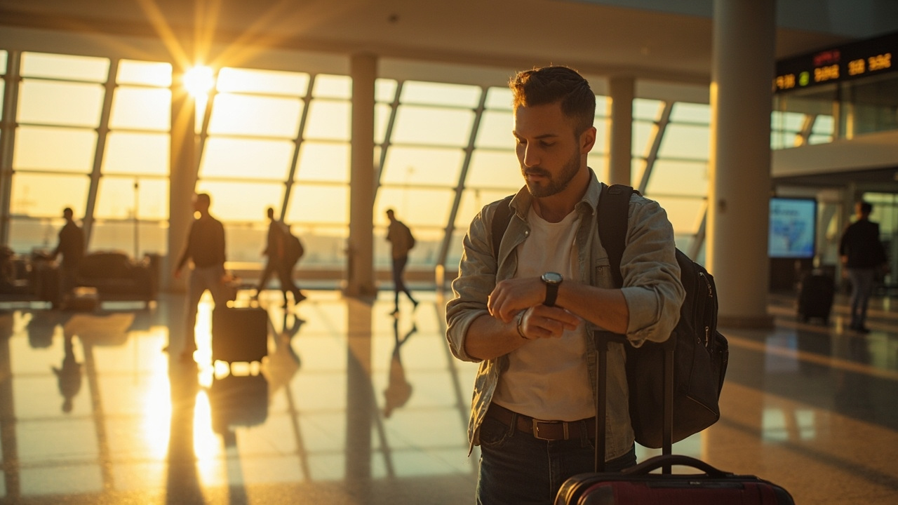 Australian traveller calmly checking a watch at a generous airport departures concourse in warm afternoon light, calm composition, no specific signage