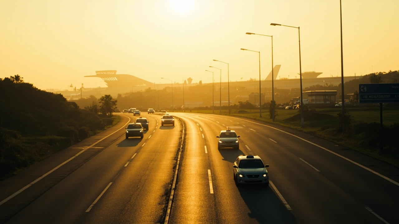 Wide editorial view down a new sealed multi-lane highway leading toward a modern airport terminal in warm afternoon light, calm traffic, no specific signage
