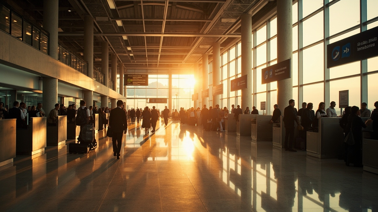Wide quiet modern immigration hall with high ceilings and well-spaced counters in warm afternoon light, calm composition with a handful of travellers, no specific signage