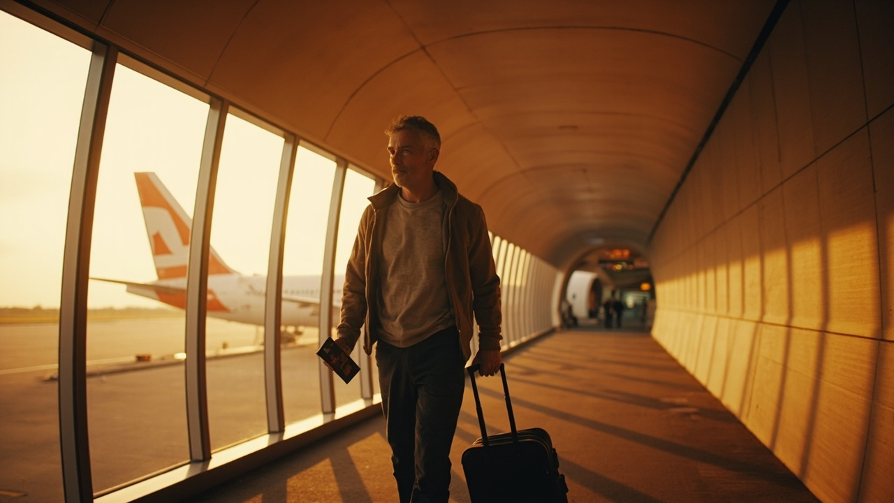 Australian traveller walking calmly down a long modern airport jetbridge in warm light, small carry-on bag, no airline branding visible
