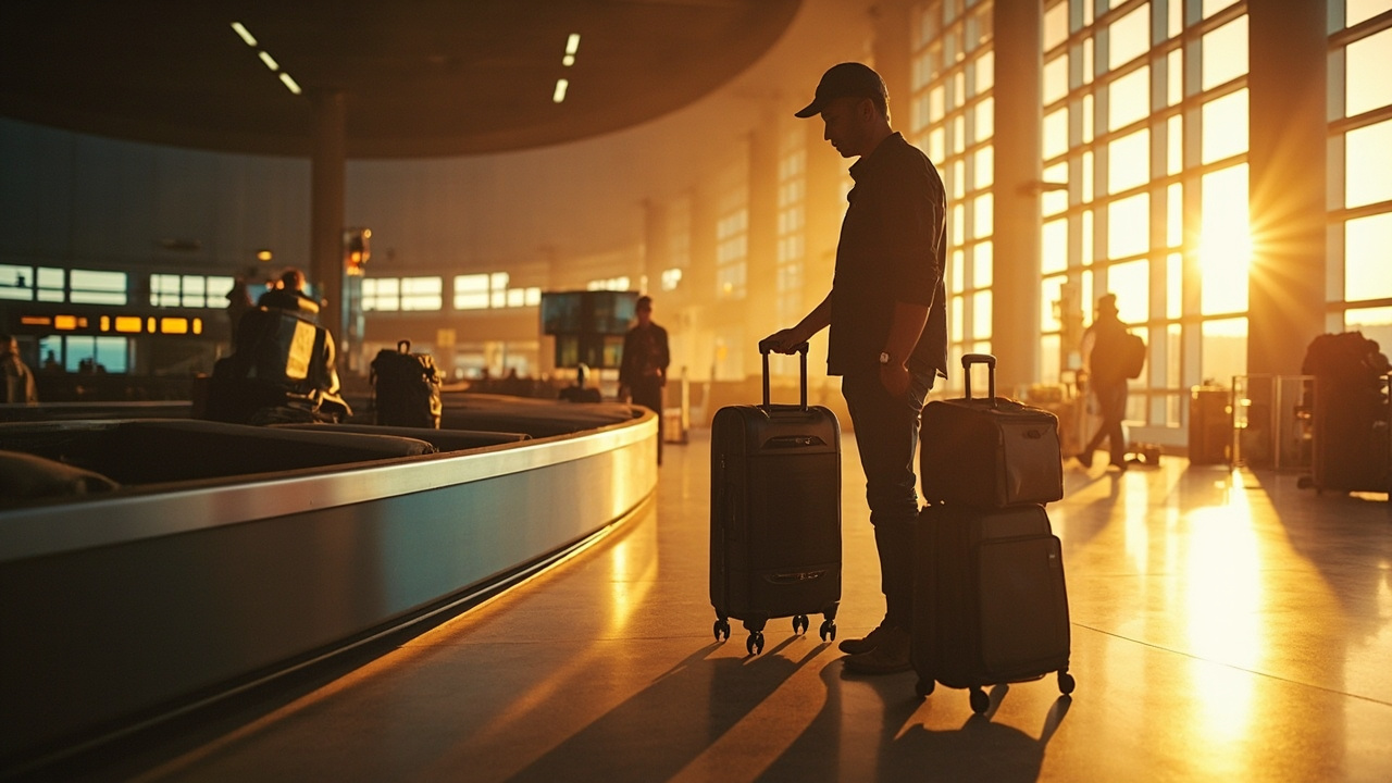 Australian traveller calmly lifting a suitcase off a long sweeping airport baggage carousel in warm afternoon light, no airline tags visible