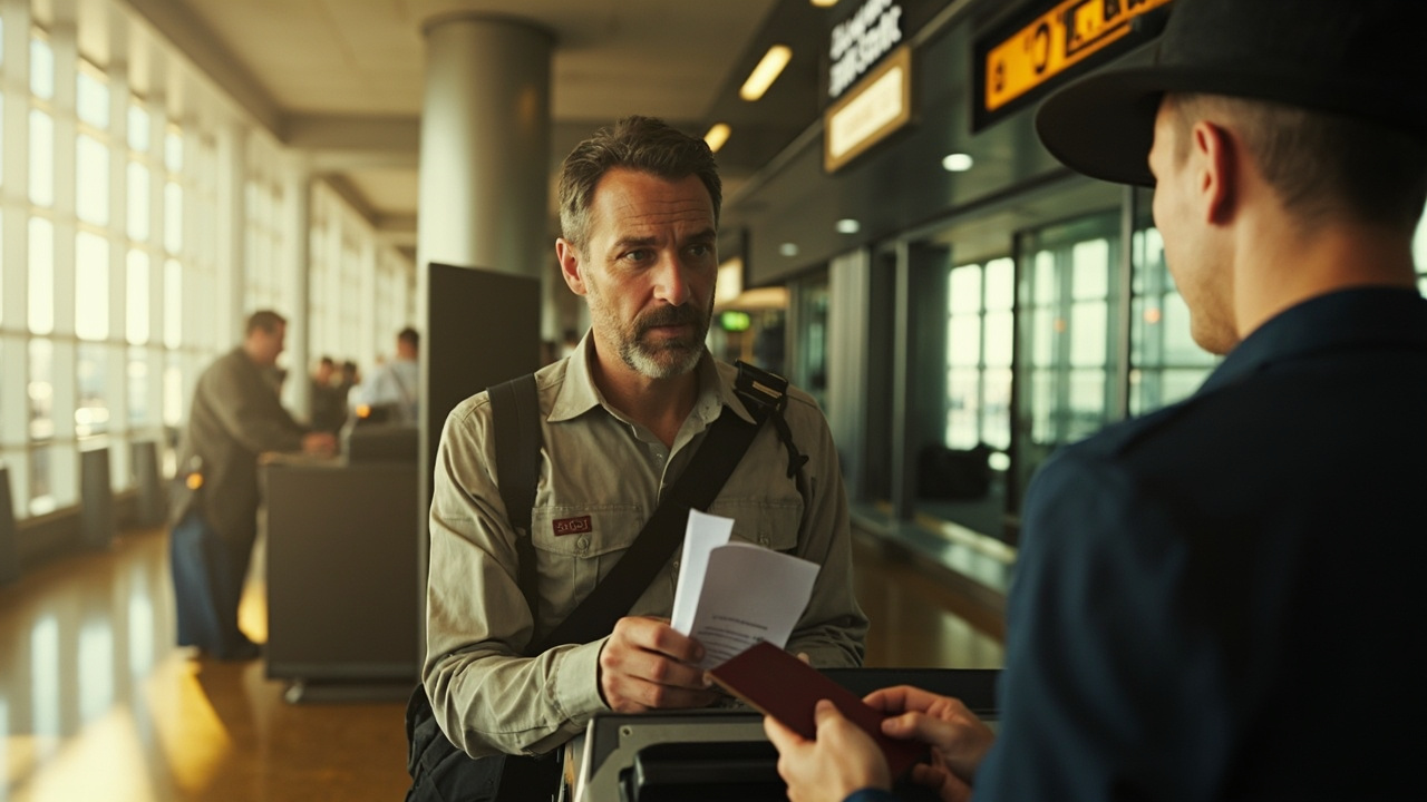 Australian traveller calmly handing a printed eVisa to a generic immigration officer at a clean modern counter in warm afternoon light, no specific signage