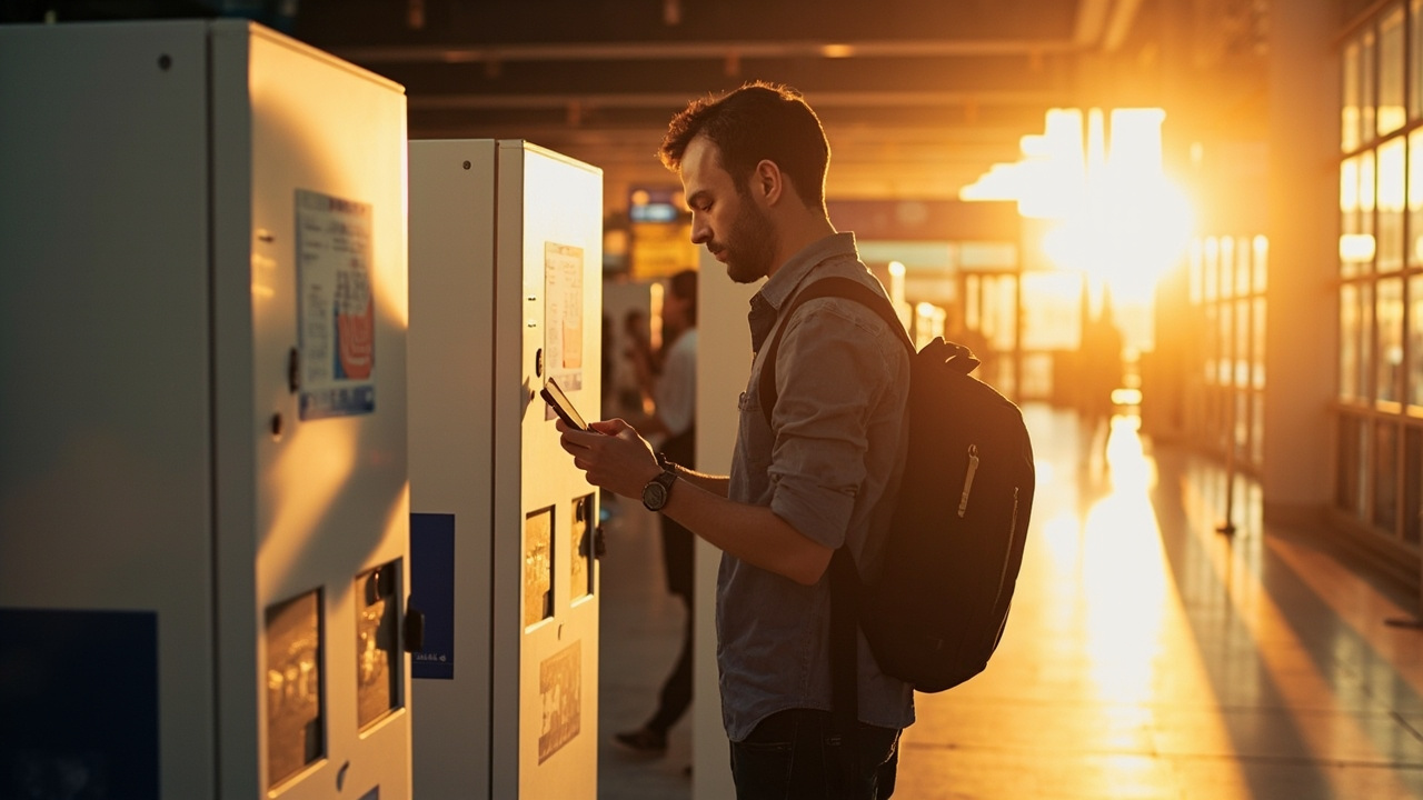 Australian traveller holding a phone up to a generic self-service QR scan station at the entrance to a modern airport immigration hall, calm composition