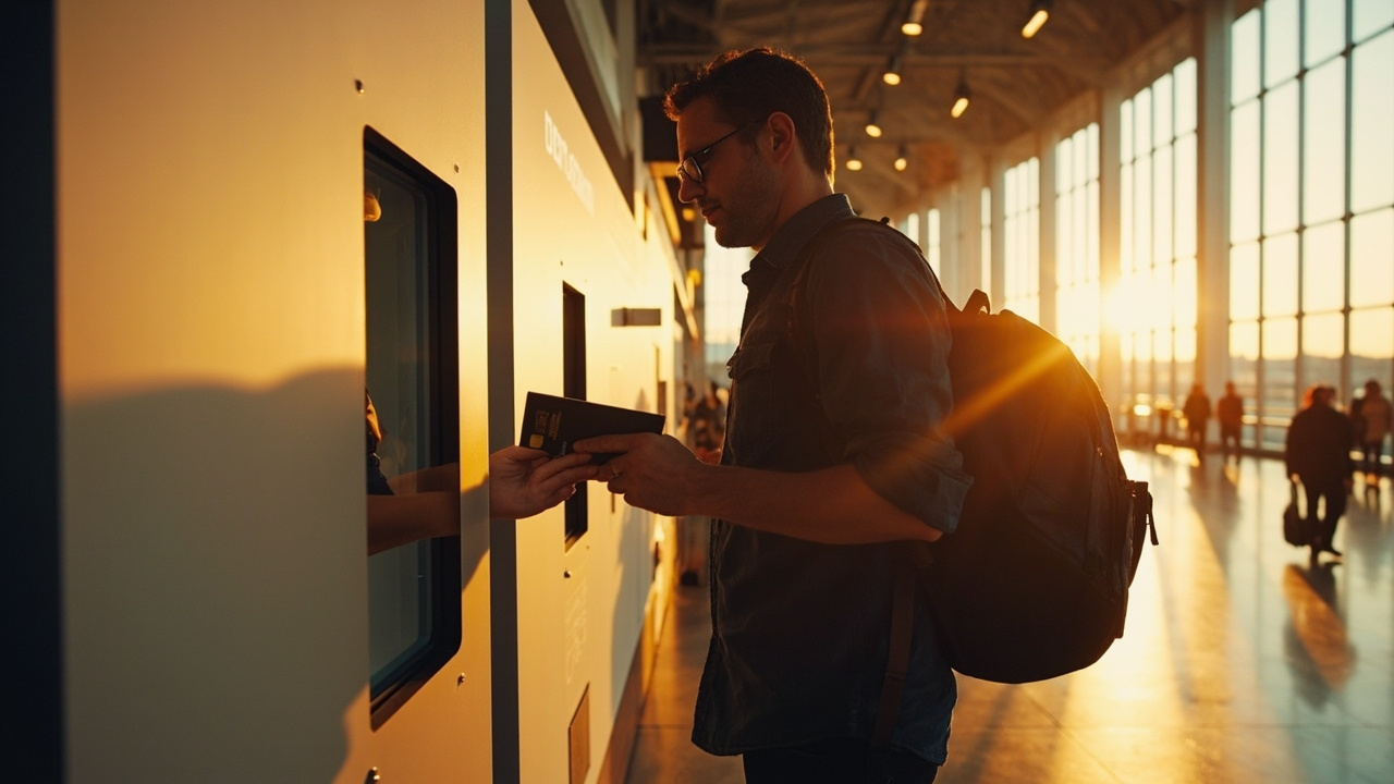 Australian traveller chatting calmly at a generic mobile-SIM kiosk in an airport arrivals hall in warm afternoon light, no specific carrier branding