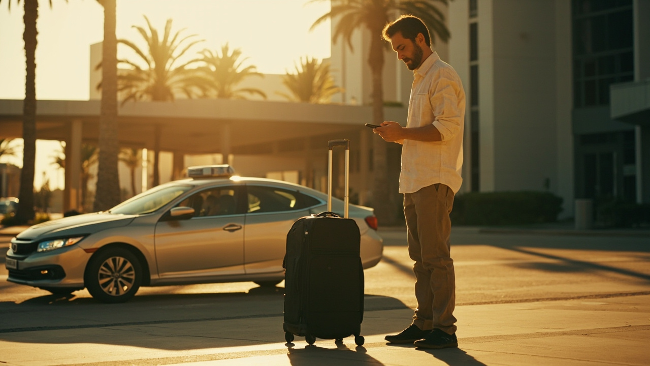 Australian traveller standing at the kerbside outside the modern KTI terminal at golden hour with a wheeled suitcase, looking calmly at their phone while a ride-share car pulls up, warm afternoon light