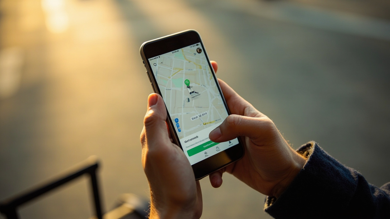 Close hand-held composition of an Australian traveller holding a phone with a generic ride-share map interface, blurred so the screen text is not legible, warm afternoon light
