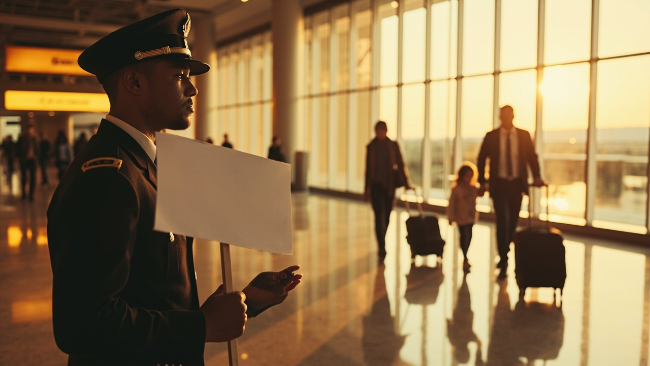Hotel-transfer driver standing in a generic arrival hall holding a blank welcome sign on a stick, Australian family with luggage approaching from the right, warm interior light