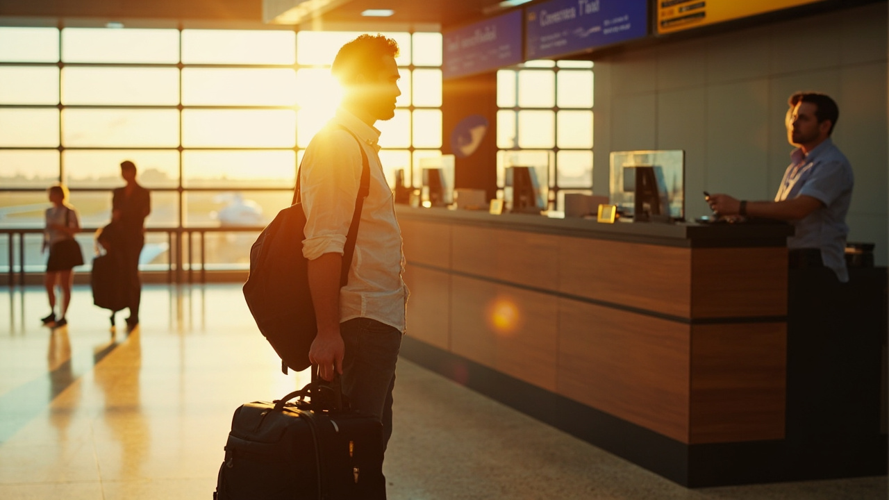 Australian traveller approaching a generic airport taxi counter inside a modern arrival hall, soft-focus staff member behind the desk, warm interior light, no specific signage