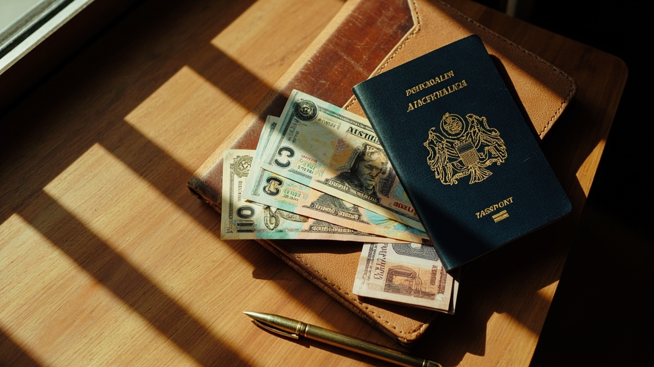 Overhead flat-lay still life of a folded stack of small USD notes alongside an Australian passport on a warm wooden surface, soft natural daylight from a window