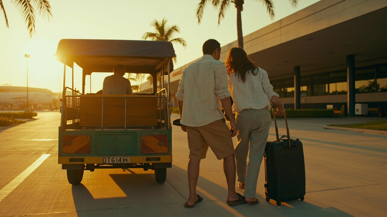 Australian couple loading luggage into a Cambodian tuk-tuk at the kerbside outside the modern SAI airport terminal at warm afternoon light, palm trees framing the edges