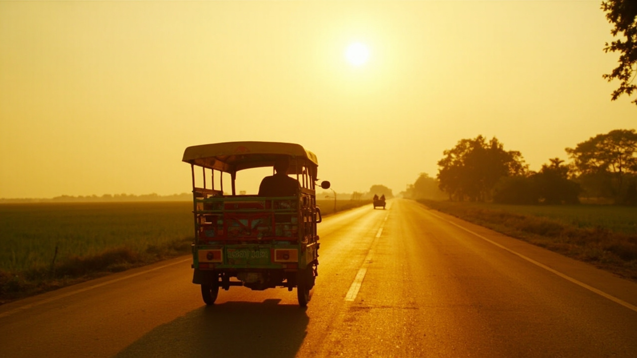 A colourful Cambodian tuk-tuk on a sealed two-lane rural highway at golden hour with paddy fields stretching away on either side, no signage or vehicles visible nearby