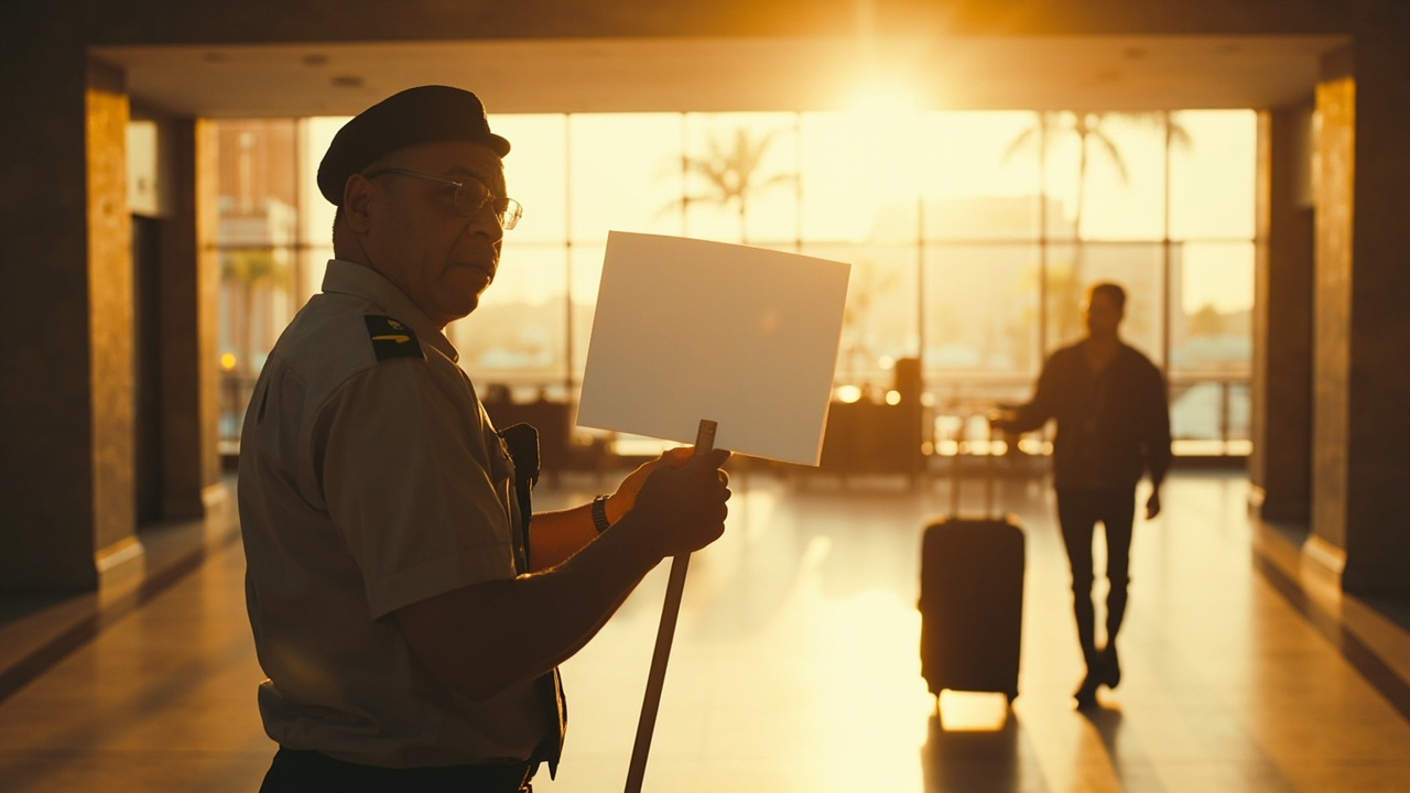 Hotel-transfer driver standing in a generic regional arrival hall holding a blank welcome sign on a stick, Australian family approaching with luggage, warm interior light