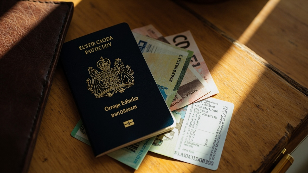 Overhead flat-lay still life of an Australian passport, a small folded stack of USD notes, and a generic temple-pass-sized printed card on a warm wooden surface, soft natural daylight