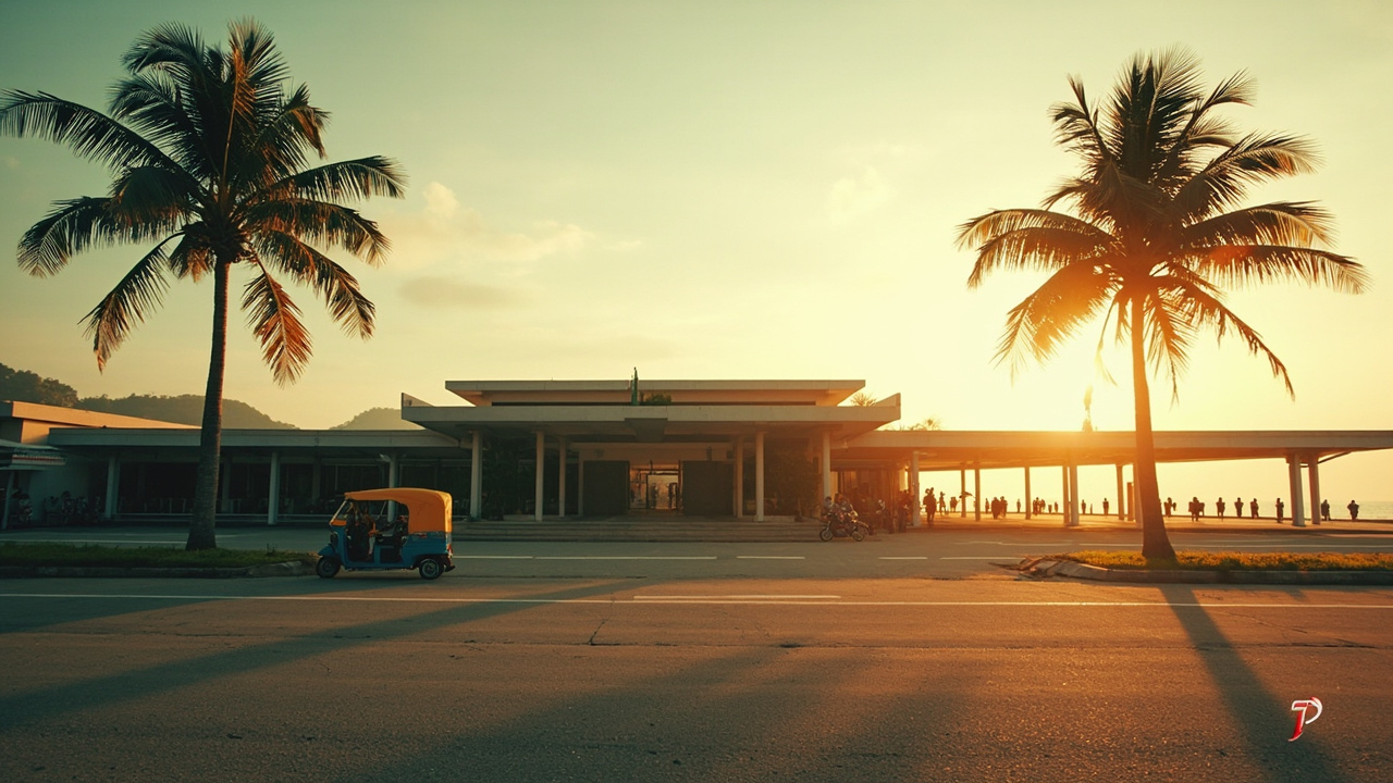 Quiet single-terminal regional airport in Cambodia at golden hour with palm trees framing the entrance