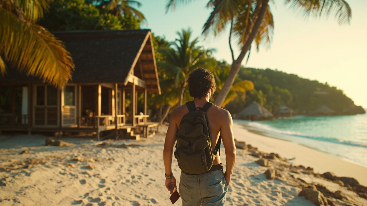 Australian traveller walking up a sandy path toward a wooden Cambodian beach bungalow in warm golden light
