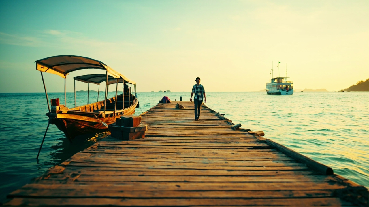 Wooden island ferry pier with a quiet wooden longtail boat moored in warm afternoon light