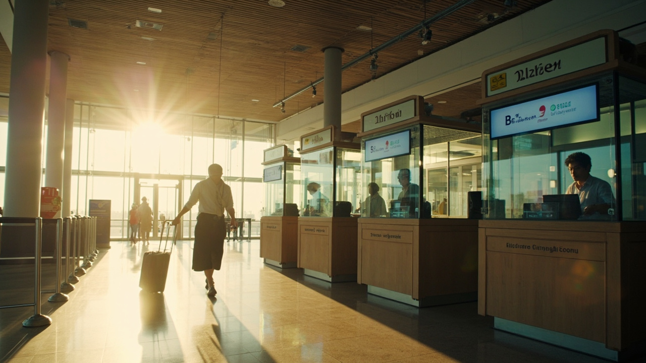 Quiet uncrowded Immigration counter at a small Cambodian regional airport with soft warm light