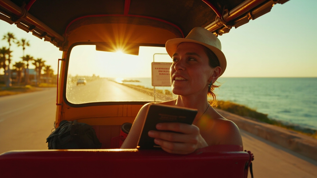 Australian traveller riding in a colourful tuk-tuk along a sunlit coastal road toward a ferry pier in warm tones