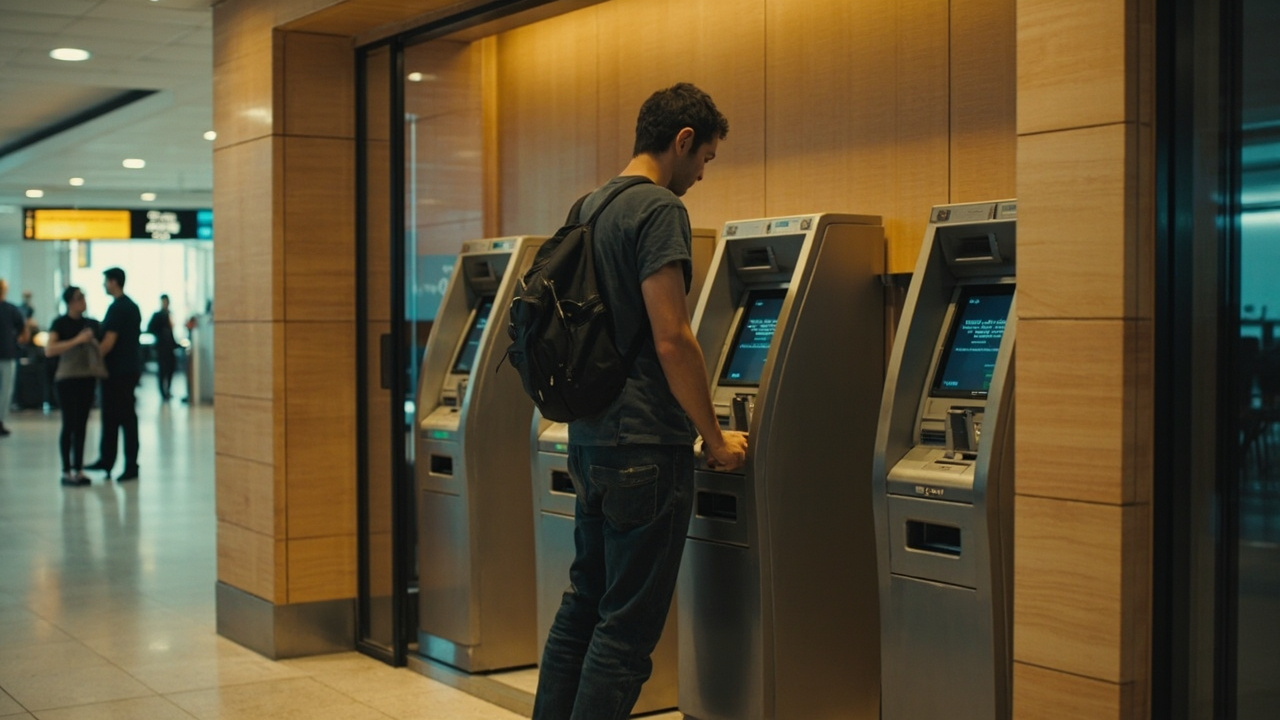 Quiet row of arrival-hall ATM machines in a modern Cambodian airport with warm soft light and a single traveller