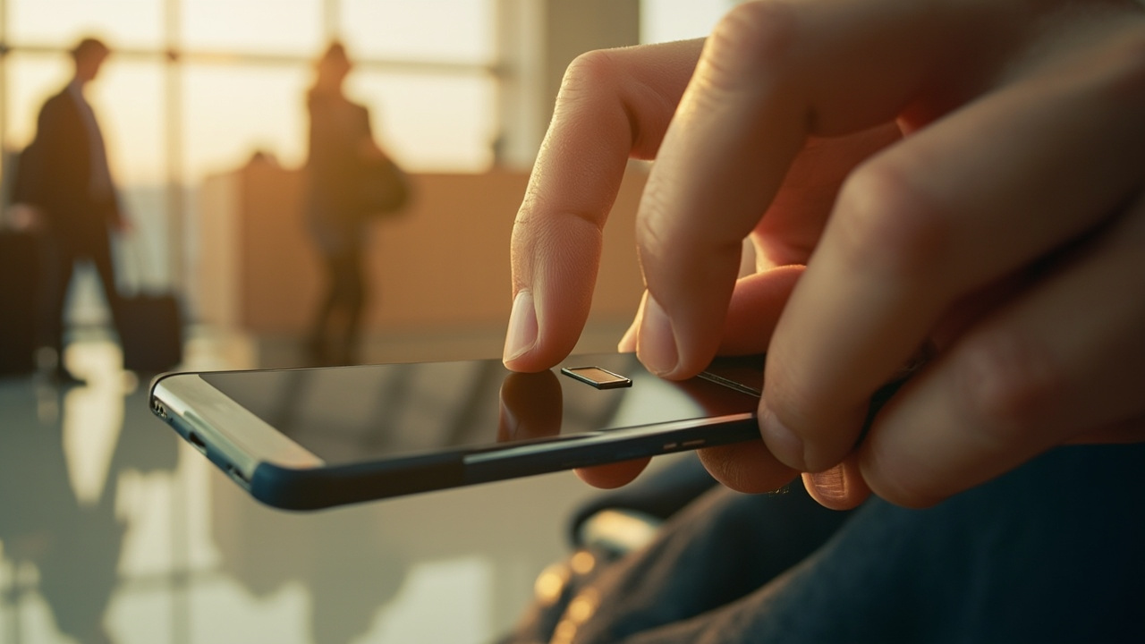 Close-up of an Australian traveller swapping a small SIM card into a smartphone tray in warm window light