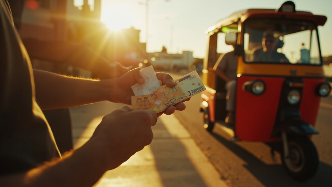 Australian traveller handing a small USD note to a tuk-tuk driver outside an airport kerb in warm afternoon light