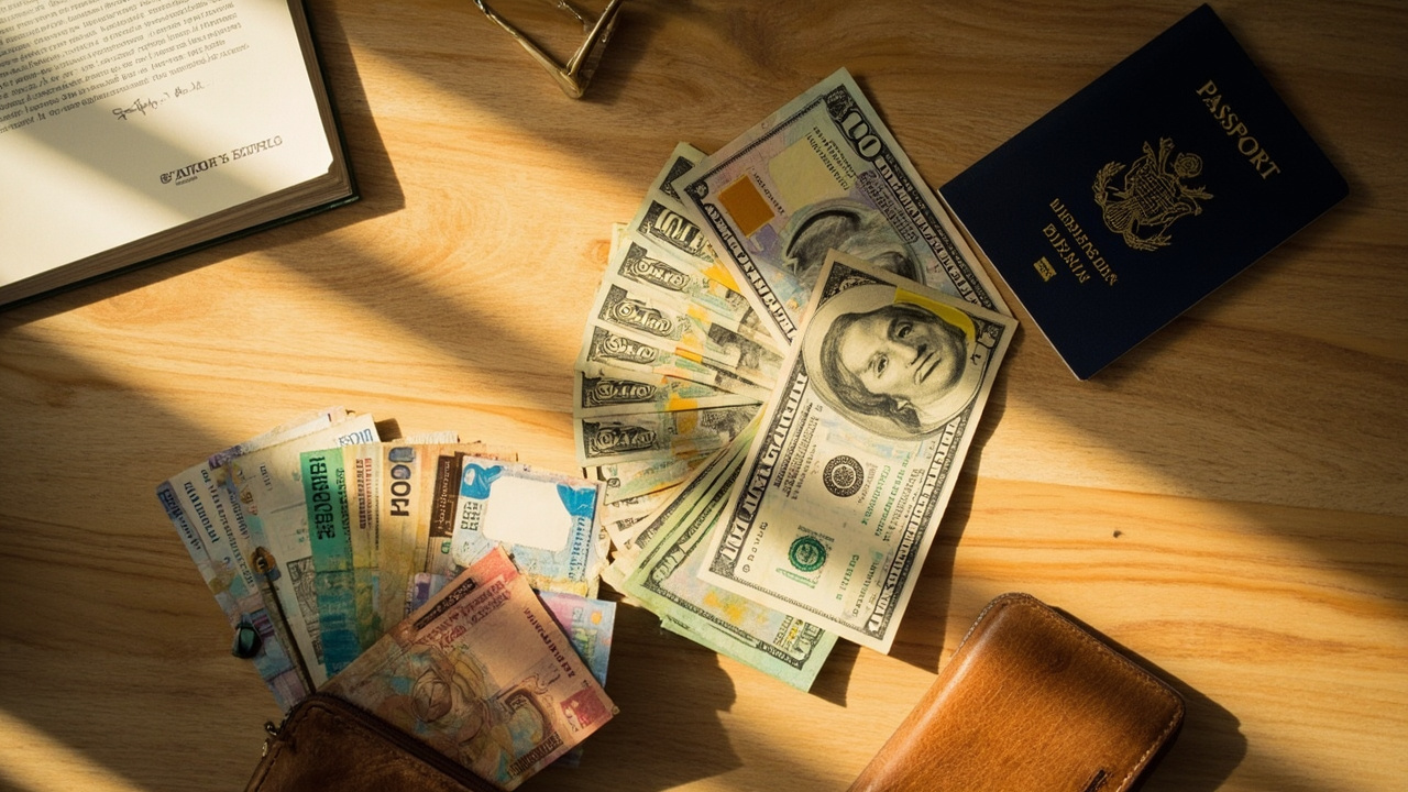 Top-down flat-lay of mixed USD notes and Cambodian Riel banknotes on a warm timber surface in natural light
