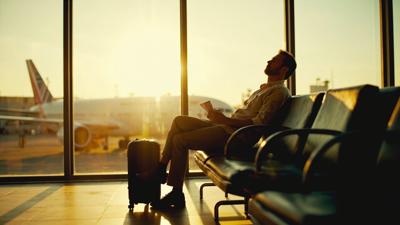 Australian traveller relaxing at a modern airport departure gate with a paper boarding pass and small carry-on, warm late-afternoon light, no signage visible
