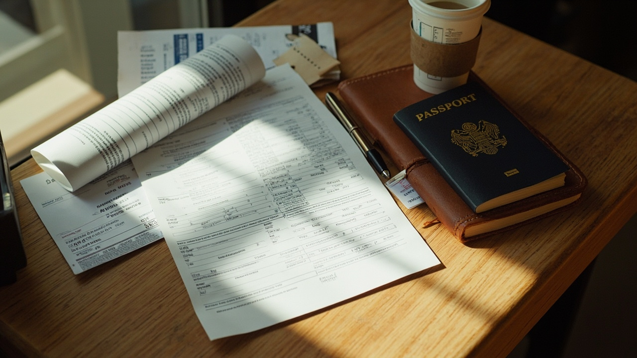 Overhead flat-lay of a folded printed e-ticket, paper boarding pass, Australian passport and a takeaway coffee on a warm wooden table, all text intentionally not legible