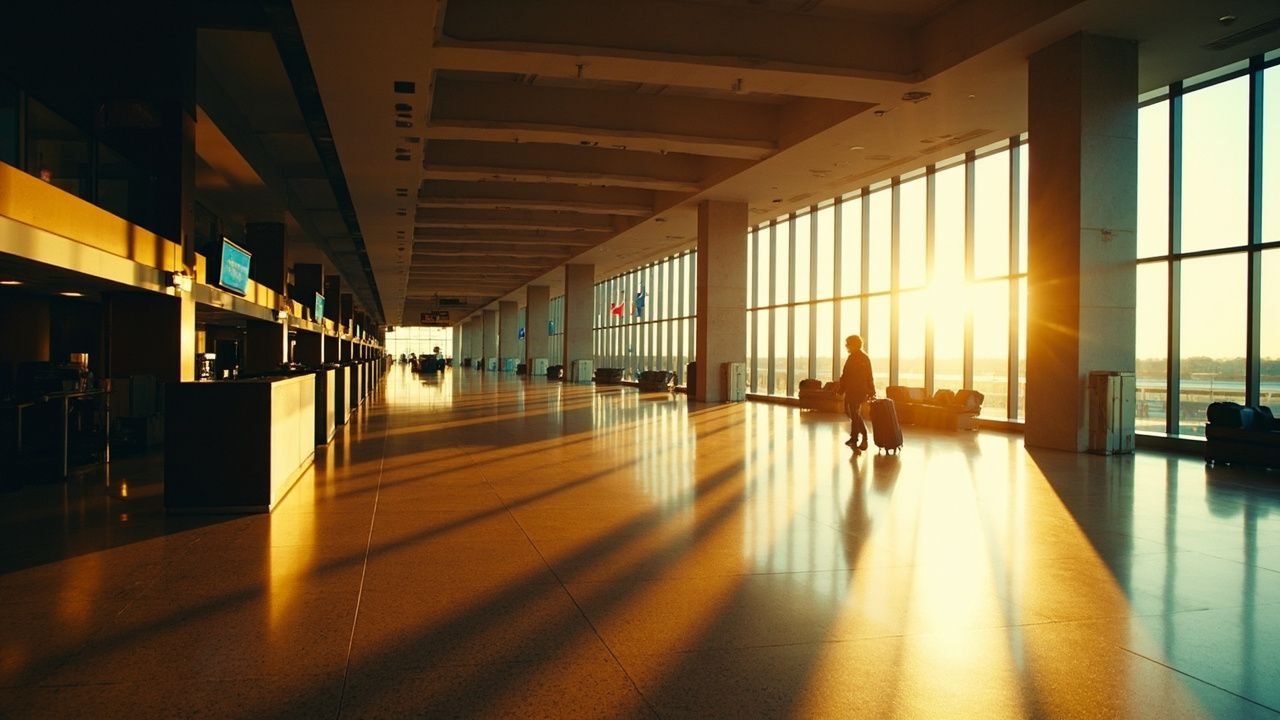 Wide empty modern airport departure concourse with no booth or kiosk visible, warm afternoon light streaming through windows, generous negative space