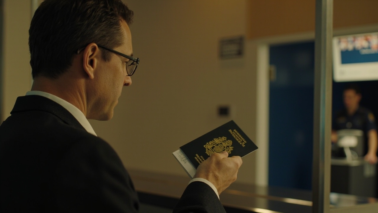 Australian traveller calmly handing a passport with a folded printed PDF to a soft-focus immigration officer at an exit counter, no recognisable signage, warm overhead light