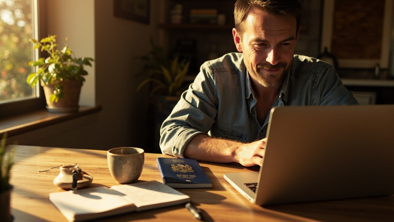 Australian traveller in their 30s planning a Cambodia trip on a laptop at a sunlit Sydney dining table with their passport beside them