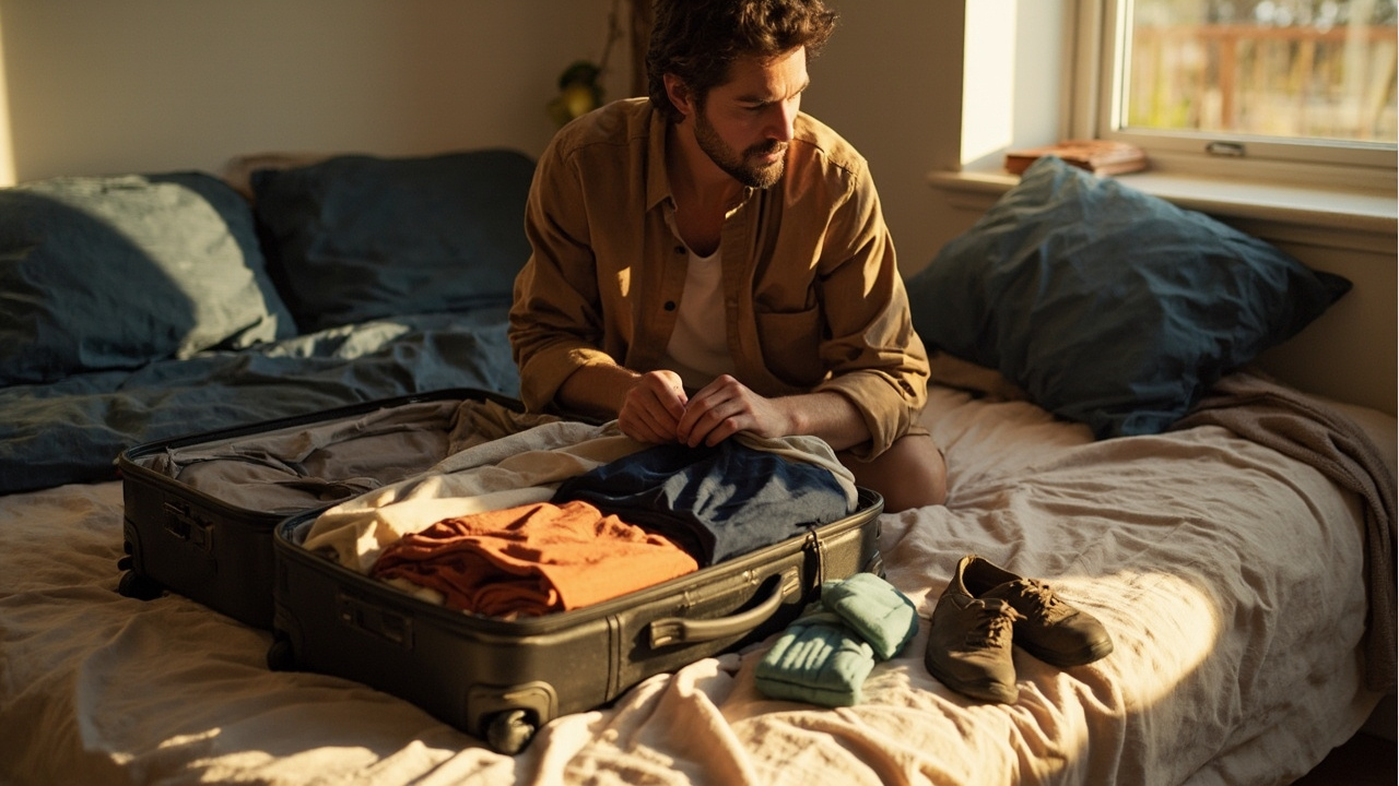 Australian traveller packing a small suitcase open on a sunlit bed at home with neatly folded clothes