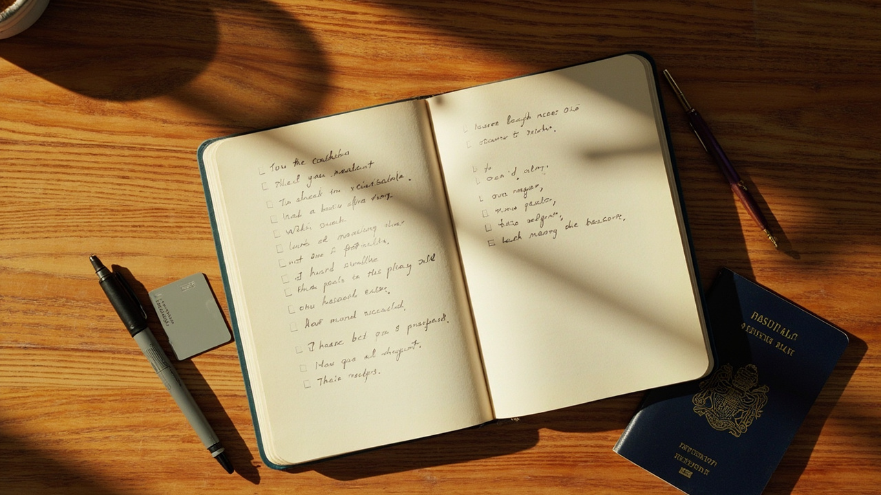 Overhead flat-lay of a notebook page with a handwritten Cambodia trip checklist, a closed Australian passport, and a credit card on a warm wooden desk