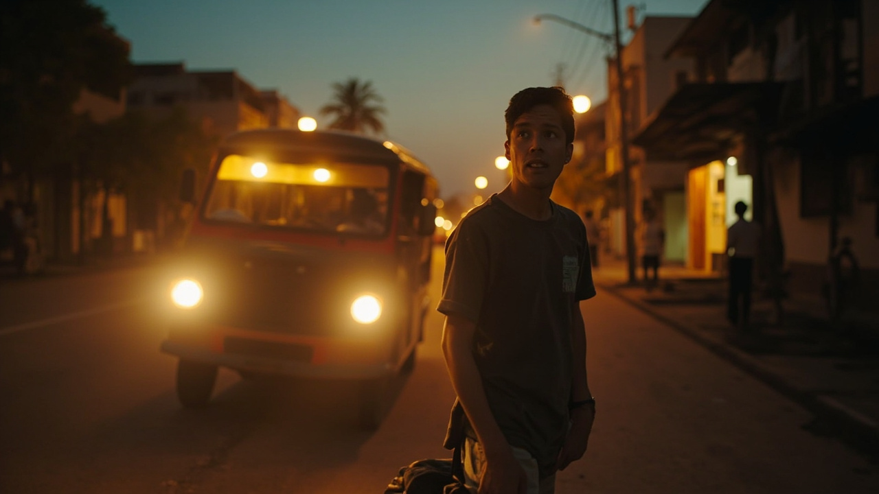 Australian traveller arriving in Phnom Penh in the warm evening with a tuk-tuk in soft focus behind