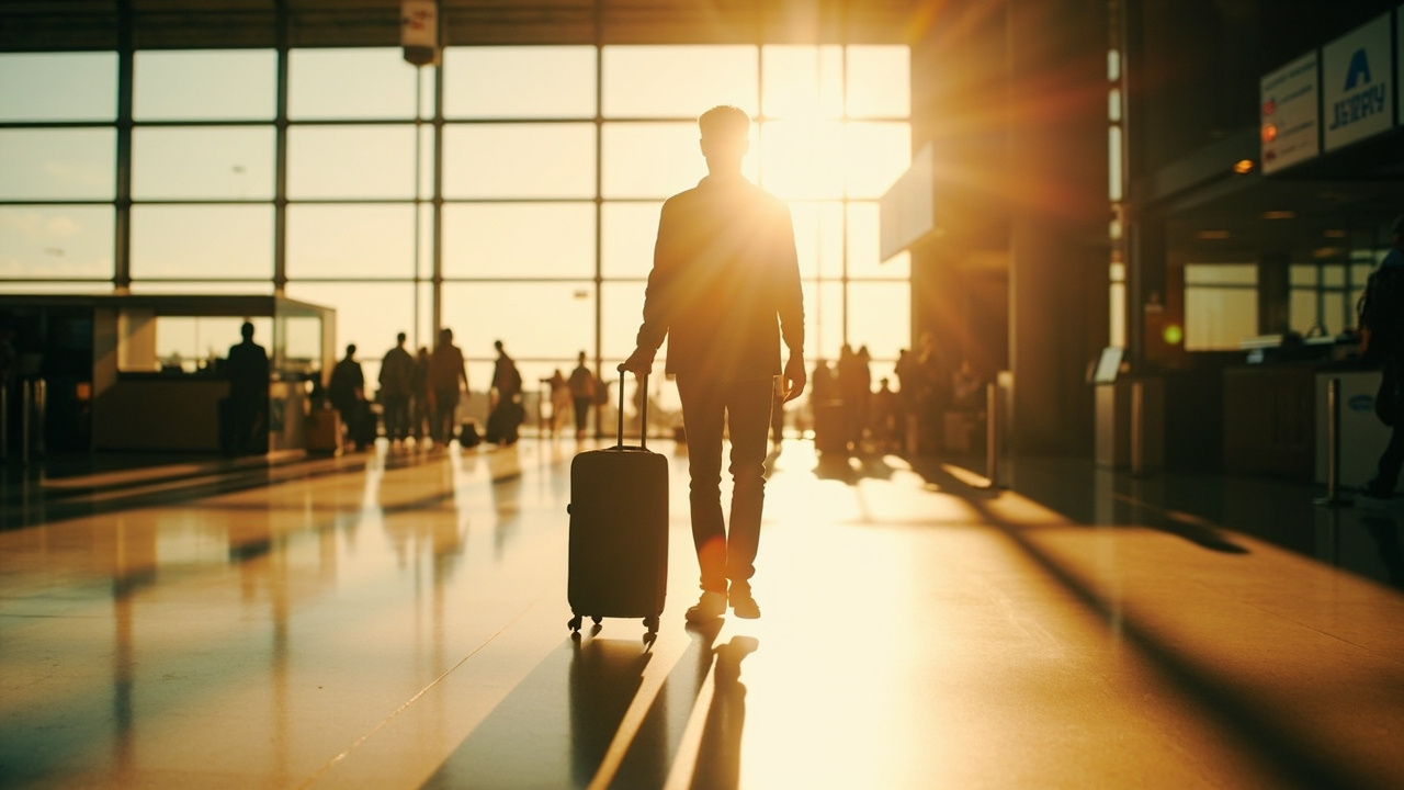 Australian traveller walking through a sunlit Sydney airport departure hall with a small carry-on bag
