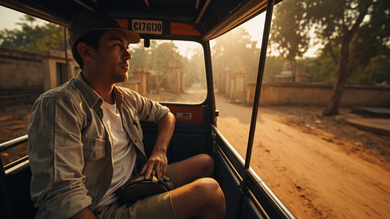Australian traveller relaxed in a tuk-tuk near Angkor temples in warm afternoon light