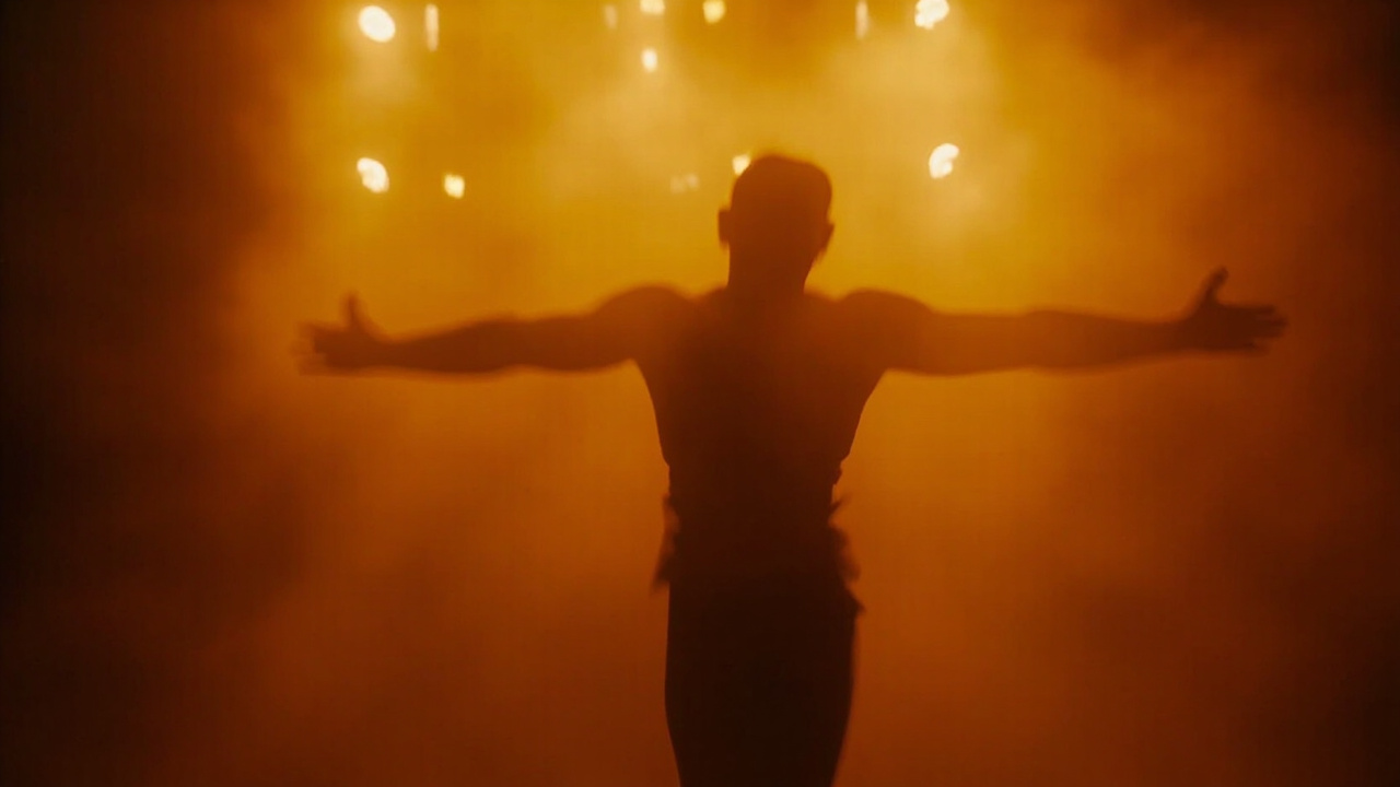 Soft-focus silhouette of a performer under warm theatre lighting at the Phare Cambodian Circus