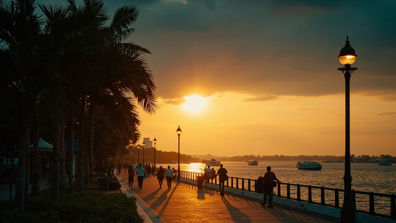 Wide Phnom Penh riverfront promenade at warm dusk with a few people walking along Sisowath Quay