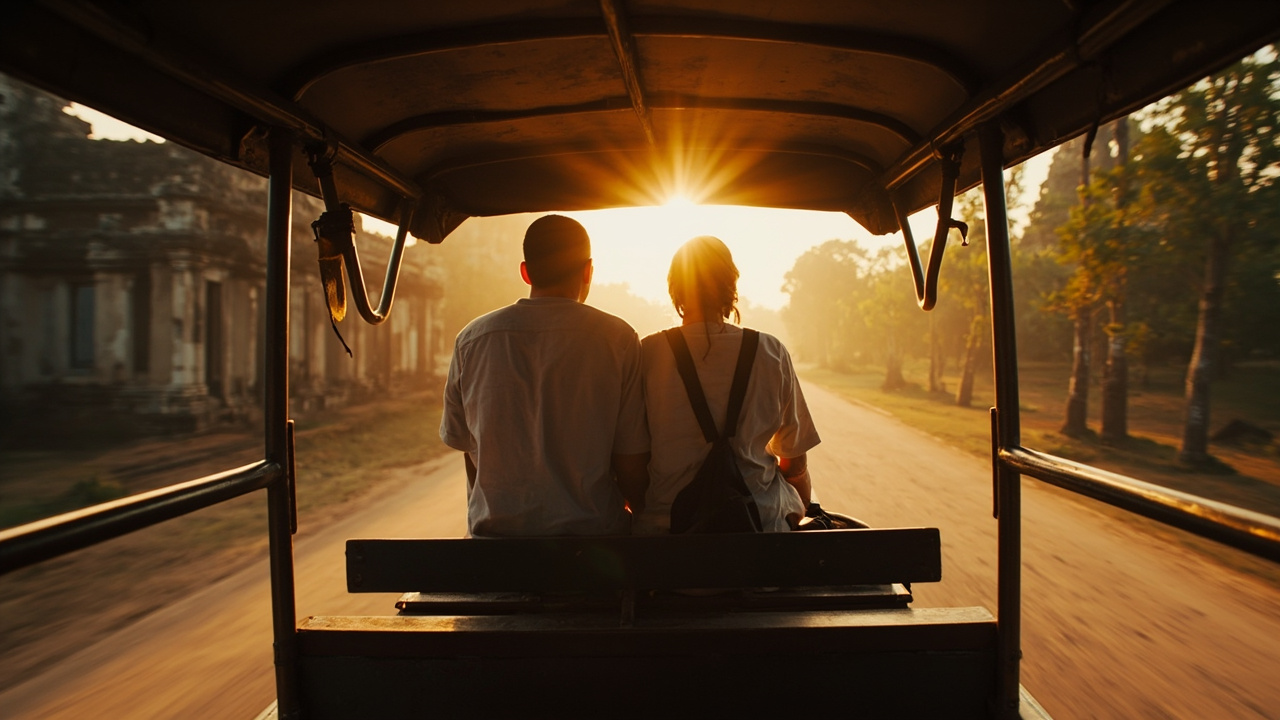 Australian couple in a tuk-tuk on the Angkor temple circuit at warm afternoon light, soft-focus temple stones in the background