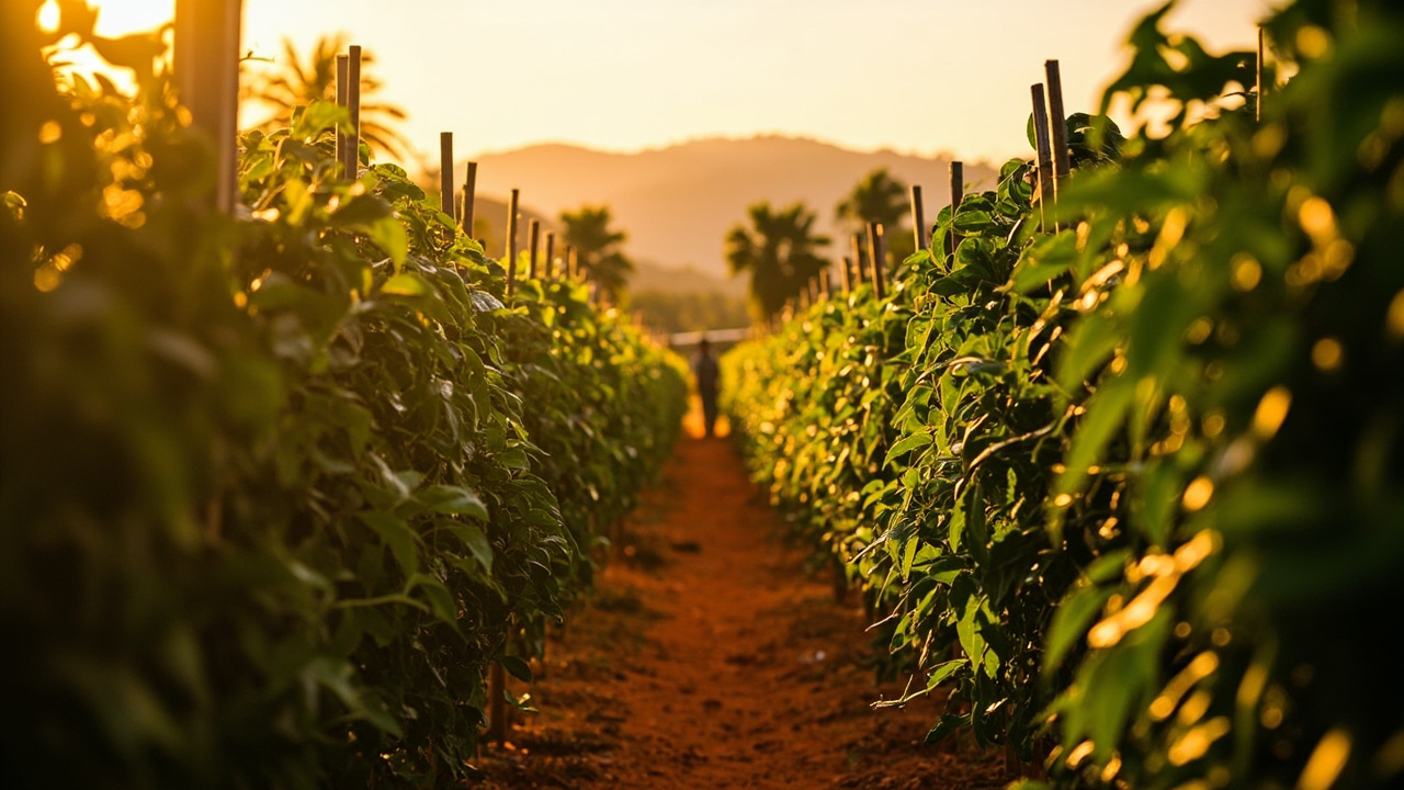 Wide warm afternoon scene at a Kampot pepper farm with neat rows of pepper vines on wooden trellises and soft palms behind