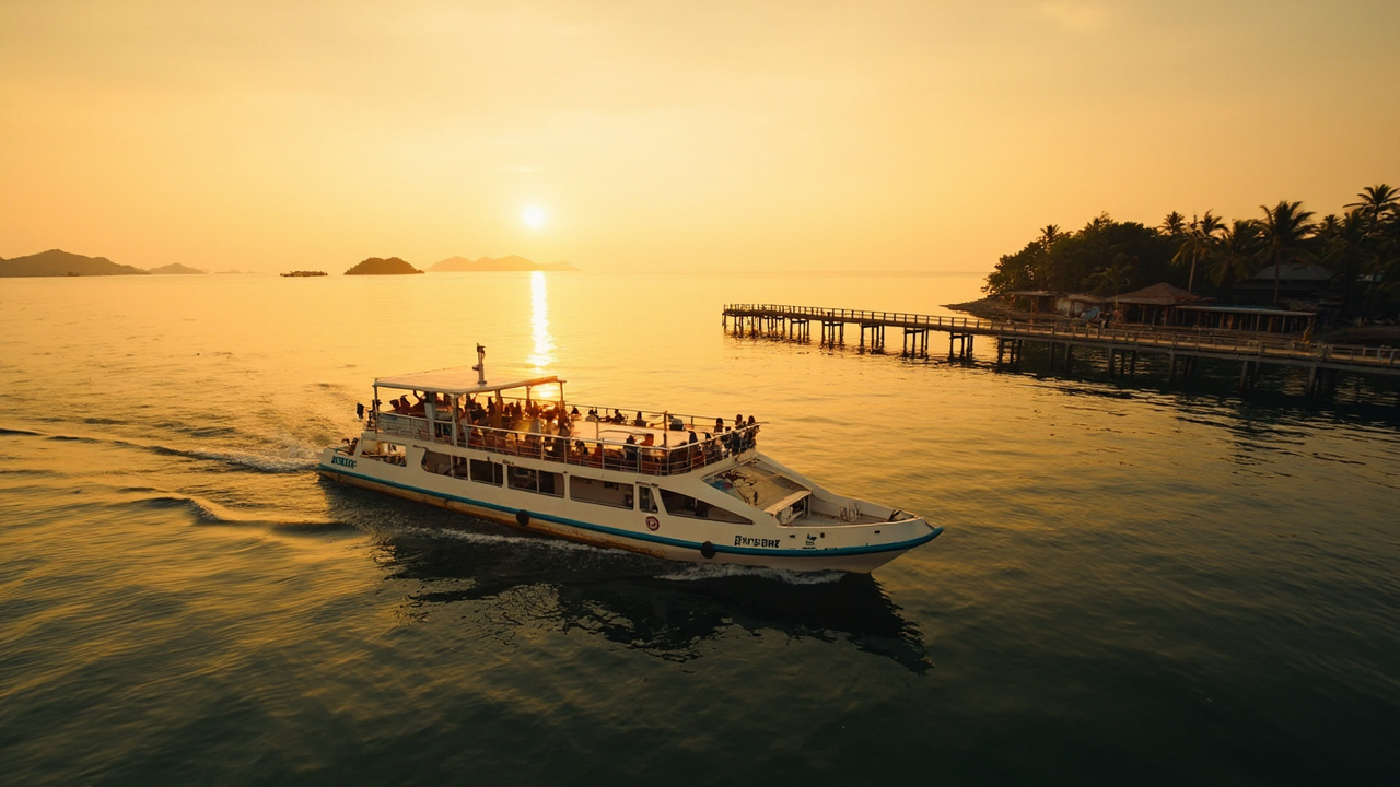Small ferry approaching a wooden Koh Rong dock at warm sunset, soft tones across calm water