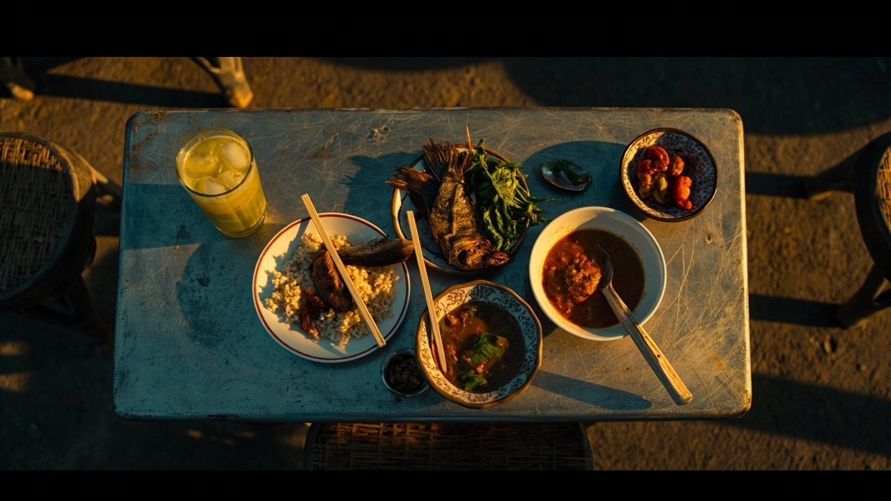 Overhead warm-evening street-food spread at a Phnom Penh roadside, generic plates of Khmer food on a simple metal table