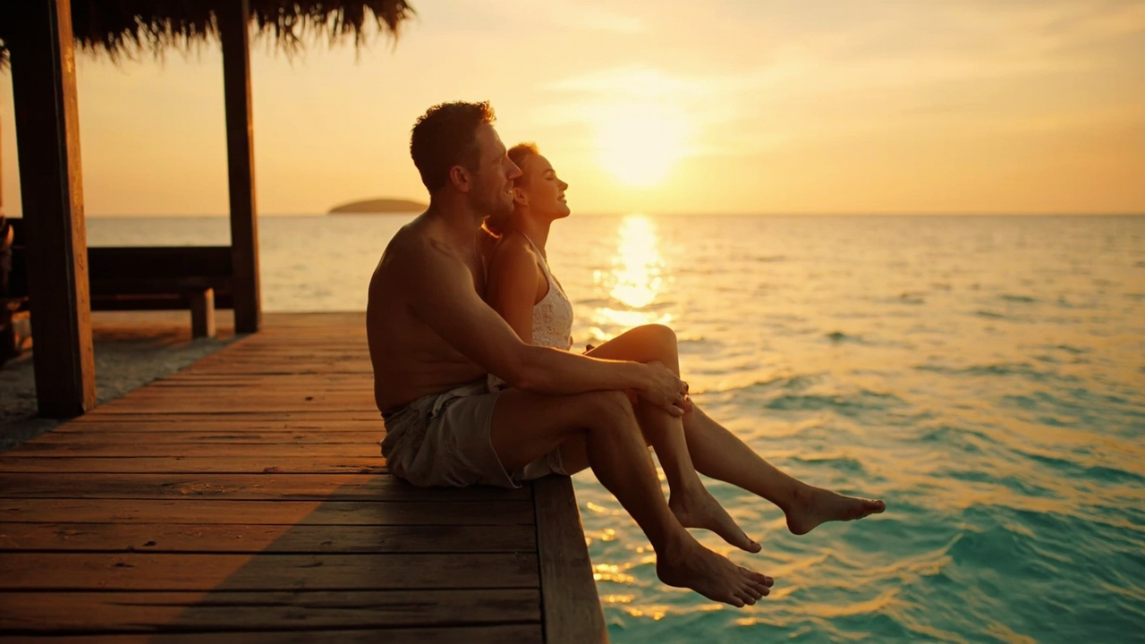 Australian couple on a Koh Rong over-water bungalow deck at warm sunset, golden tones, calm intimate composition, no recognisable resort branding