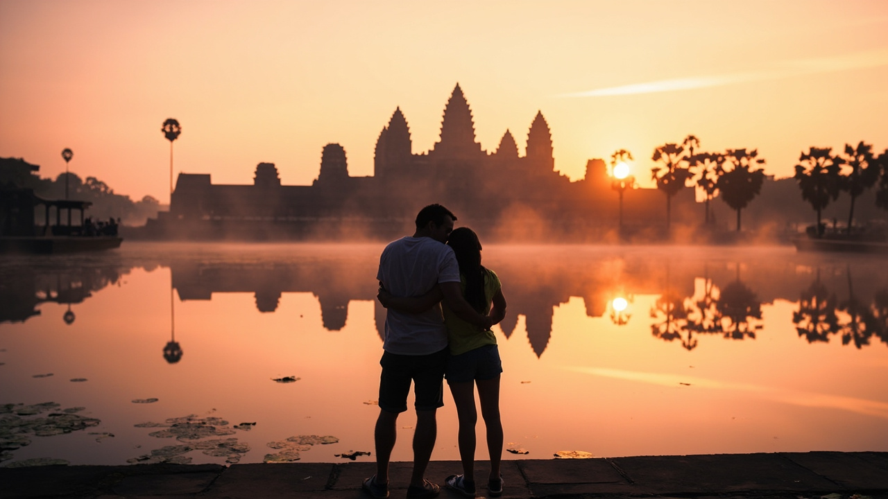 Australian couple watching Angkor sunrise reflected in the lily pond, soft golden light, no faces in close-up