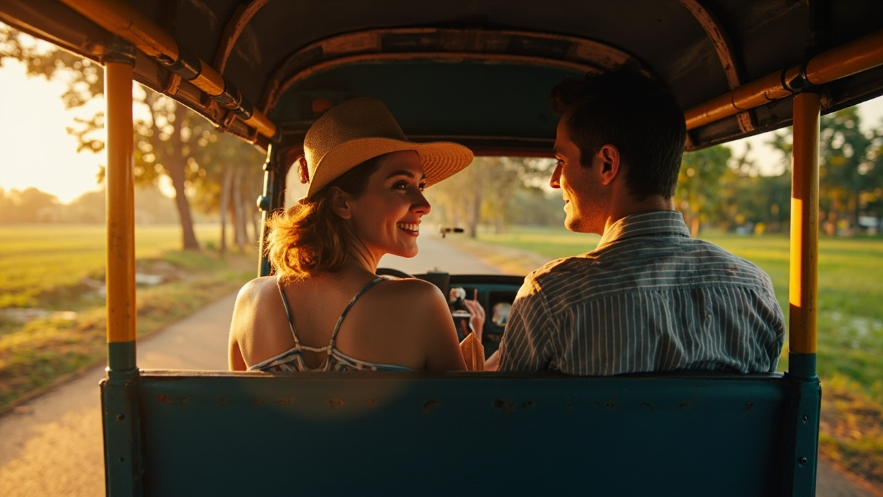 Australian couple in a tuk-tuk near Angkor at warm afternoon, calm relaxed