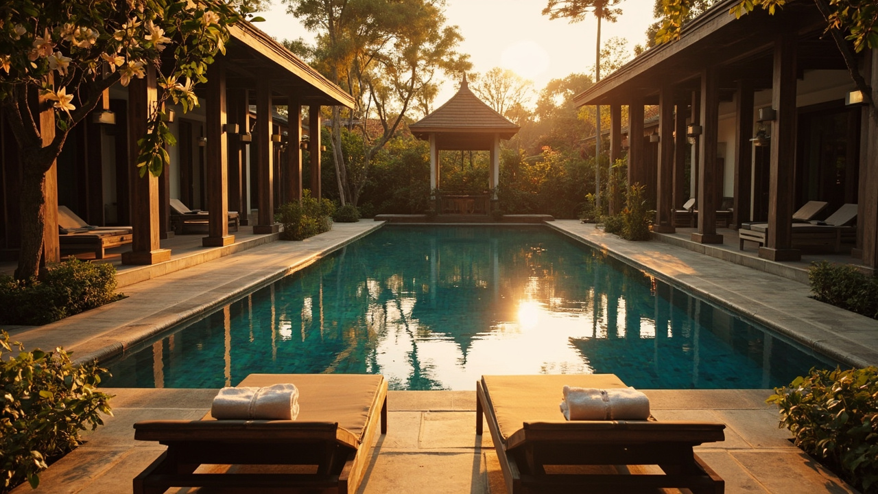 Quiet warm boutique-hotel pool scene at golden hour in Siem Reap, no signage