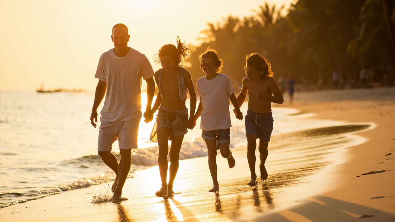 Australian family on a warm Koh Rong beach at golden hour, calm and relaxed, faces not in close-up